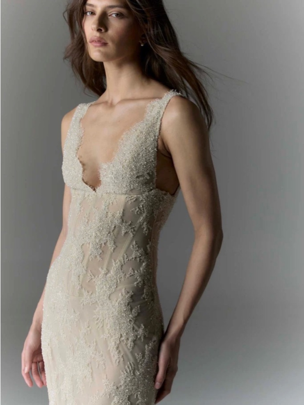 Beaded Nude Lace Sheath Wedding Dress